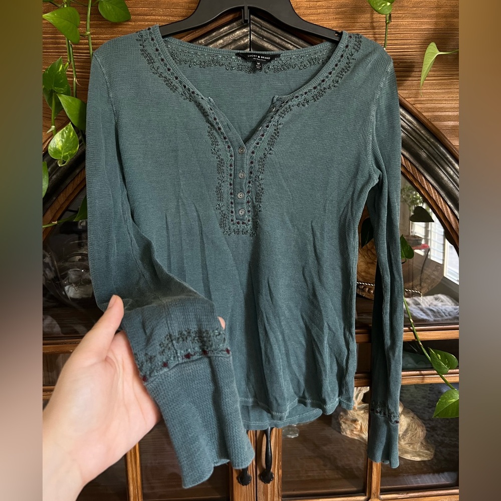 Lucky Brand Embroidered Teal Long Sleeve Top